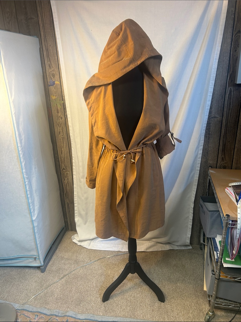 Skies Are Blue Hooded Wrap Trench Coat in Rusty Brown